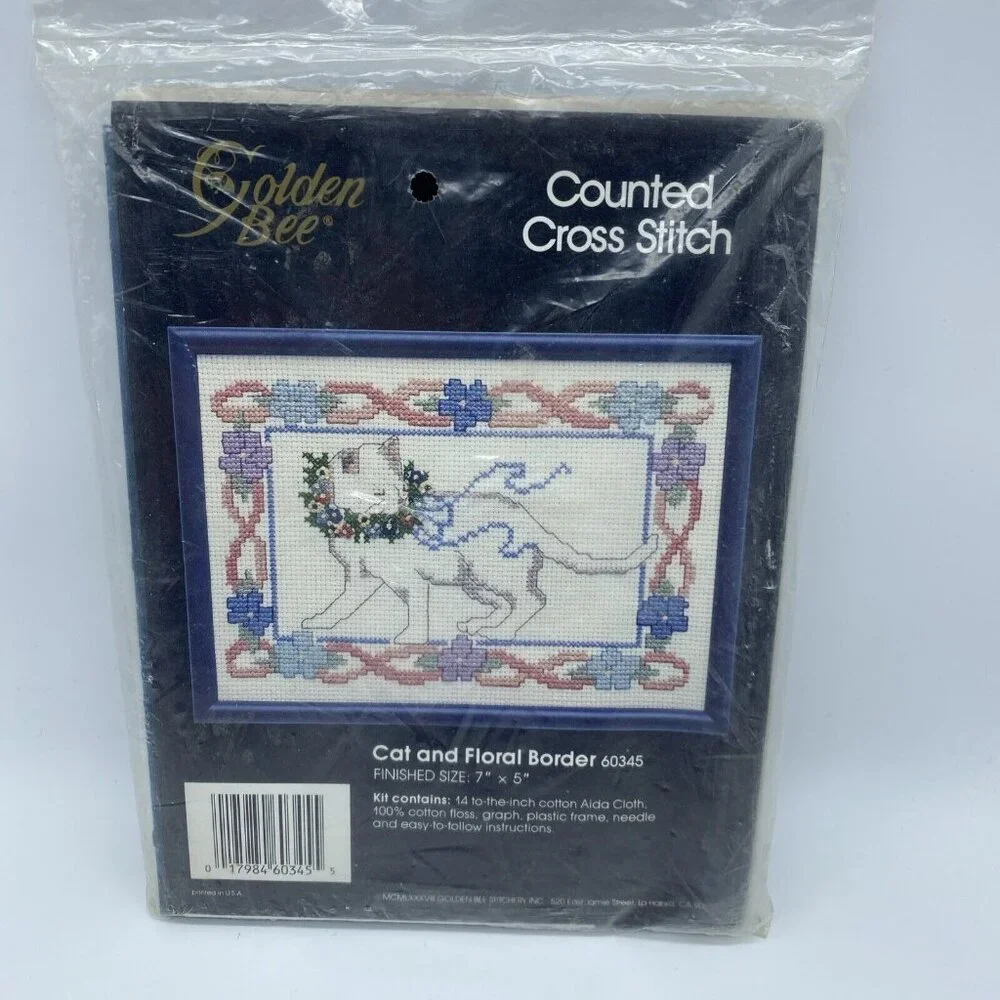 Golden Bee Counted Cross Stitch Kit Cat Floral Border 60345 Embroidery 7x5 NOS